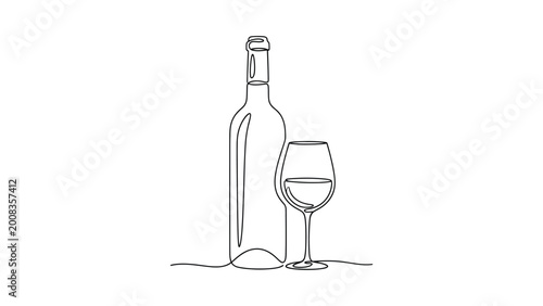 continuous line drawing A wine bottle and glass illustration.