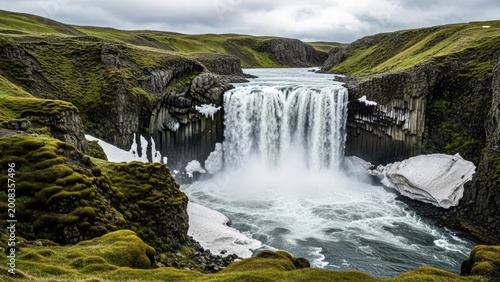 majestic waterfall cascading into mossy canyon under cloudy sky