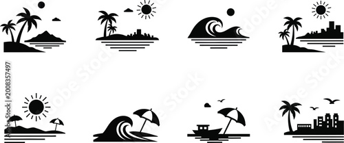Collection of black silhouette beach icons with waves, palm trees, and sunny skies on white background