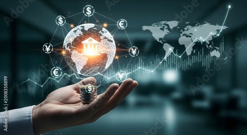 Global financial network and international banking concept with world map and currencies.