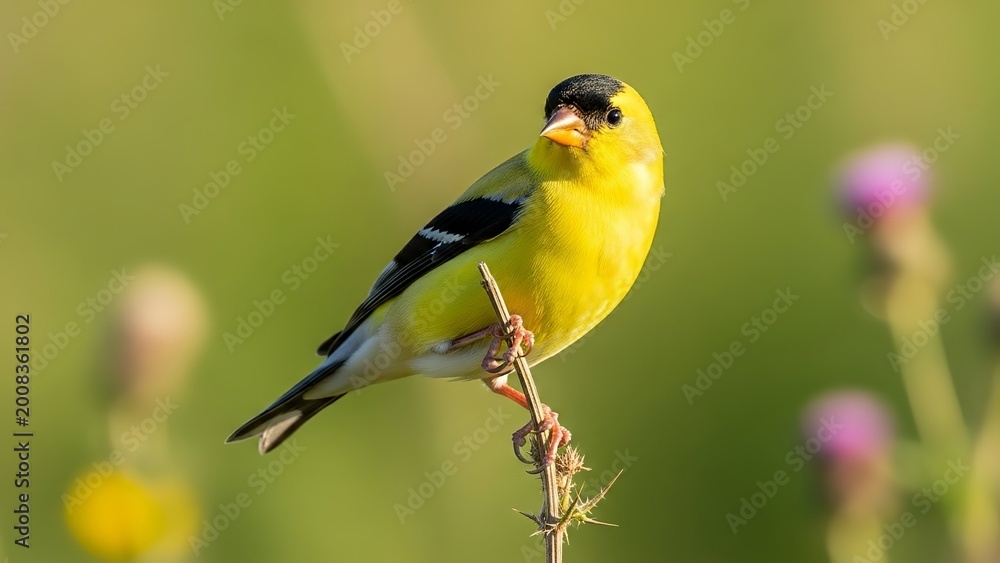 Obraz premium American goldfinch perched on a thorny twig in a field