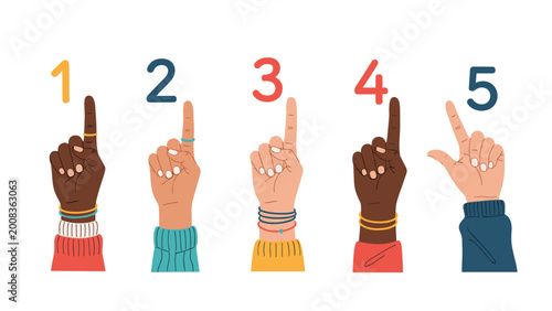 Set of five hands with different skin tones showing finger counting from one to five with corresponding numbers above them for learning and kids.