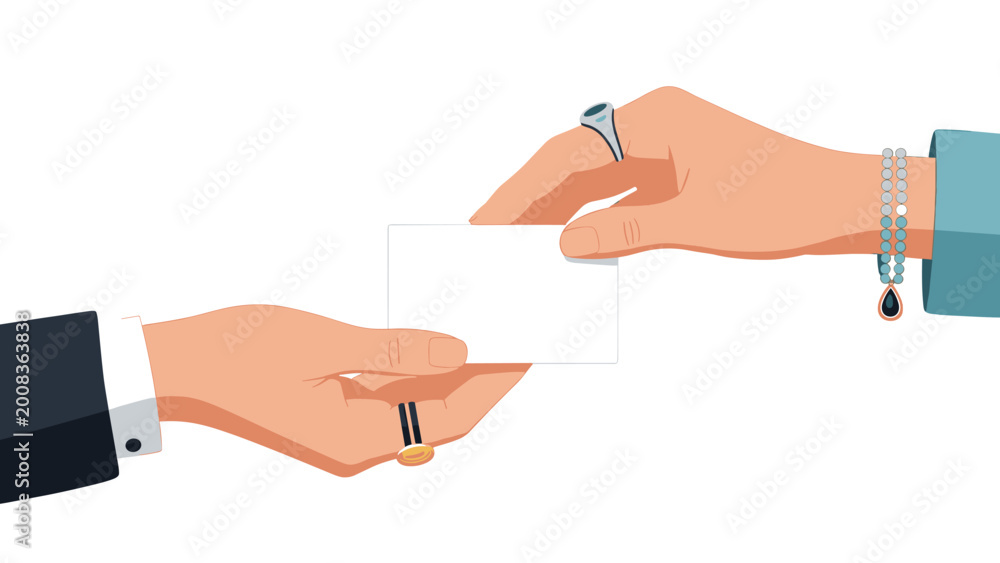 Obraz premium Two professional hands wearing jewelry and formal attire exchanging a white blank business card against a plain and clean white background.