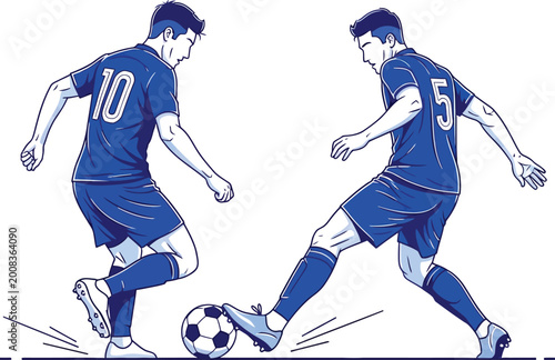 Blue and white vector illustration of two soccer players in action