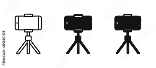 Photos Smartphone on tripod icon set for vlogging and recording in outline, solid, and