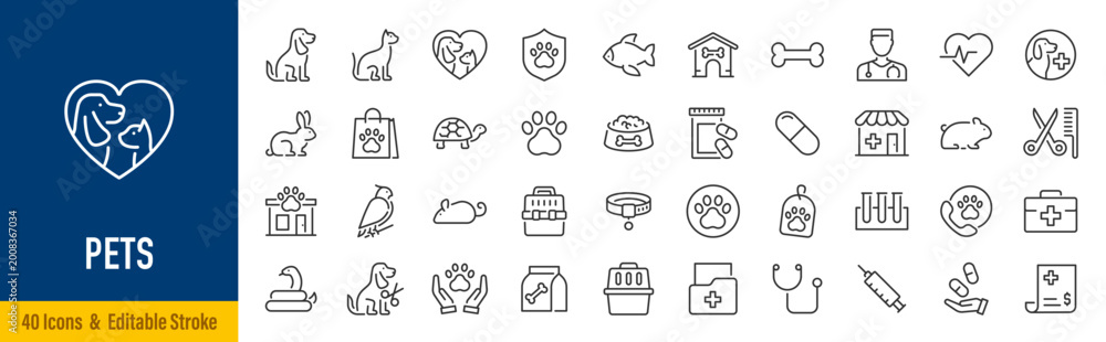 Fototapeta premium Pets web icons in line style. Dog, cat, rabbit, hamster, bird, bone, pets, vet help. Vector illustration.