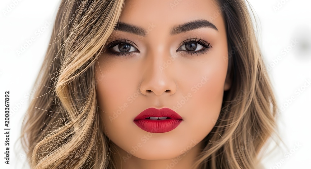 Fototapeta premium Beautiful attractive woman with blonde hair and red lipstick