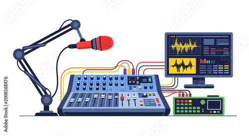 Foto Audio mixing console, microphone, and computer for sound recording