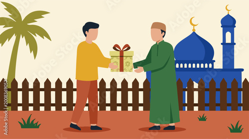 Tableau sur toile Muslim men exchanging gifts near a mosque, symbolizing Islamic generosity