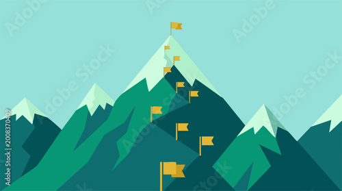 Tableau sur toile Minimalist illustration of a path marked by flags leading to a mountain summit