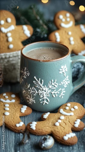 Cozy winter scene with gingerbread men and steaming hot chocolate. Snowflake-patterned mug sits beside festive cookies. Soft bokeh lights add warm holiday ambiance