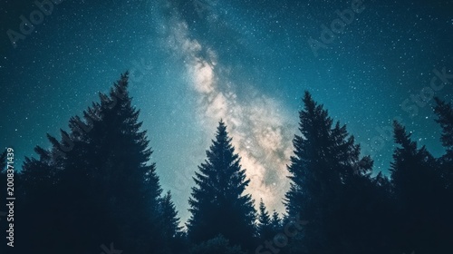 The Milky Way rising above a dense forest, with tall trees silhouetted against the sky