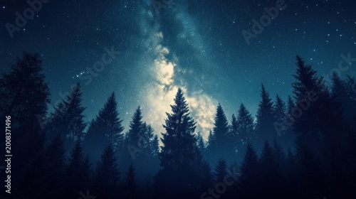 The Milky Way rising above a dense forest, with tall trees silhouetted against the sky