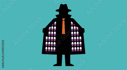 Photos Silhouette of a person in a trench coat revealing rows of pills