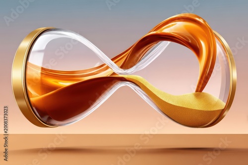 Hourglass shaped like an infinity symbol with flowing golden sand evoking time and continuity