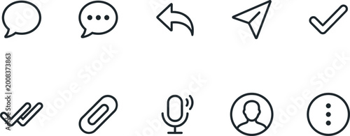 Photos Messenger and social communication outline icon set featuring chat bubble send reply attachment user for SaaS mobile app interface minimal UI vector design collection