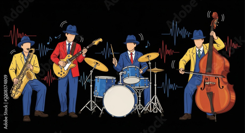 Bild auf Leinwand Jazz Band Performing Live with Instruments and Musicians.