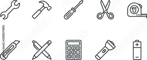 Fotografía Hand tools and home repair outline icon set featuring wrench hammer screwdriver scissors calculator flashlight for maintenance service DIY minimal UI vector design collection