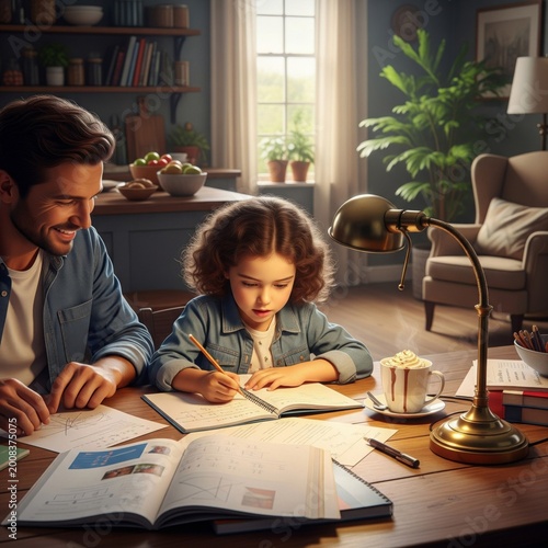 Father Assists Daughter with Homework at Wooden Table Indoors