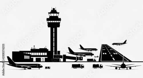 Bild auf Leinwand Silhouette of Airport Control Tower with Airplanes.