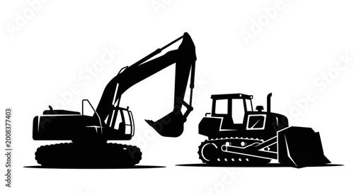 Silhouette of Excavator Heavy Machinery Construction Equipment.