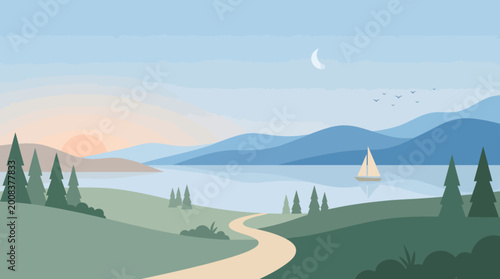 Flat vector illustration of a peaceful rural landscape with lake and a small house at sunset