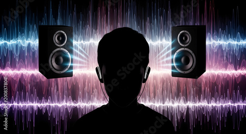 Silhouette of a Person with Headphones Surrounded by Speakers and Colorful Sound Waves in an Abstract Digital Atmosphere