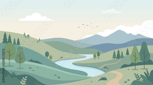 Flat vector illustration of a peaceful rural landscape with hills river and a small house at sunset