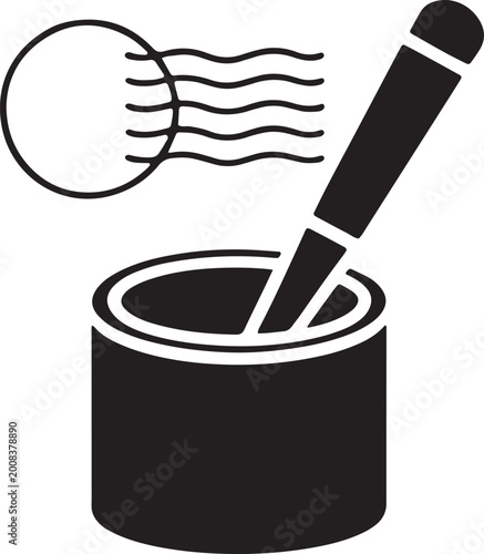 Ink well with 1 dip pen and postmark icon in a minimalist flat vector style with mail art