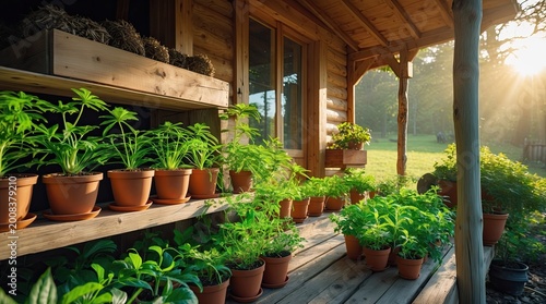 Potted Medicinal Herbs on a Sunny Wooden Cabin Porch