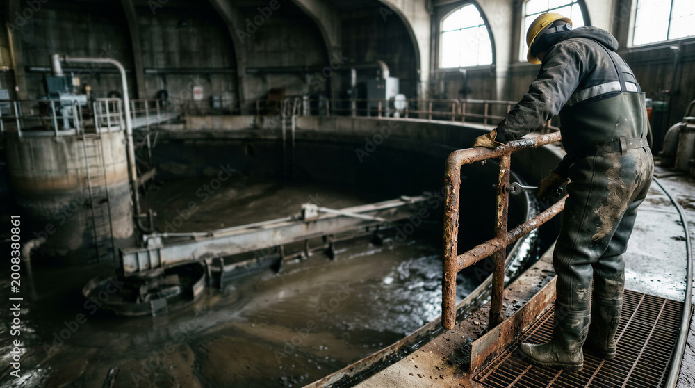 Fototapeta premium A worker inside a sedimentation tank at a wastewater treatment plant during maintenance, with space for text 