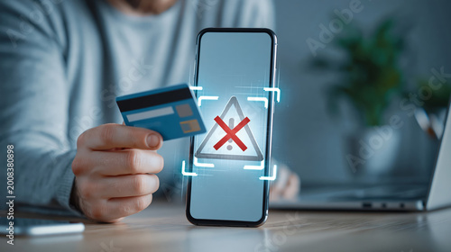 Online payment fraud detection warning on smartphone screen with blocked credit card alert and digital banking security concept illustration