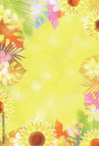 Bright Yellow Summer Background With Tropical Flowers and Leaves