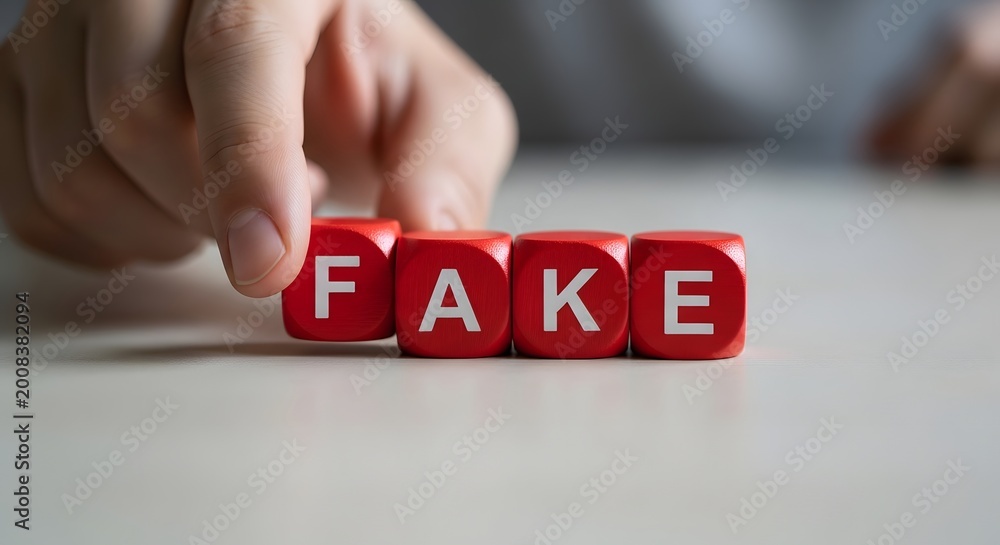 Naklejka premium The word 'fake' spelled with red dice symbolizing deception and misinformation