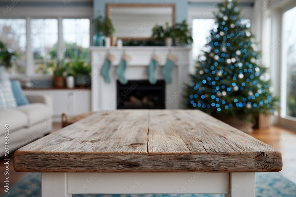 Fototapeta premium Wooden table closeup in living room with christmas decor