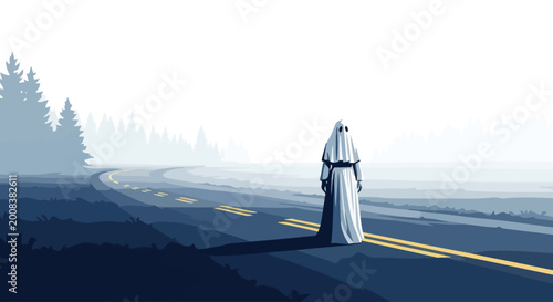 Fotografie solitary robed figure standing on empty road at dawn