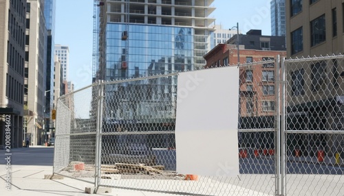 Blank empty signboard poster mockup on a construction site fence in a city street center