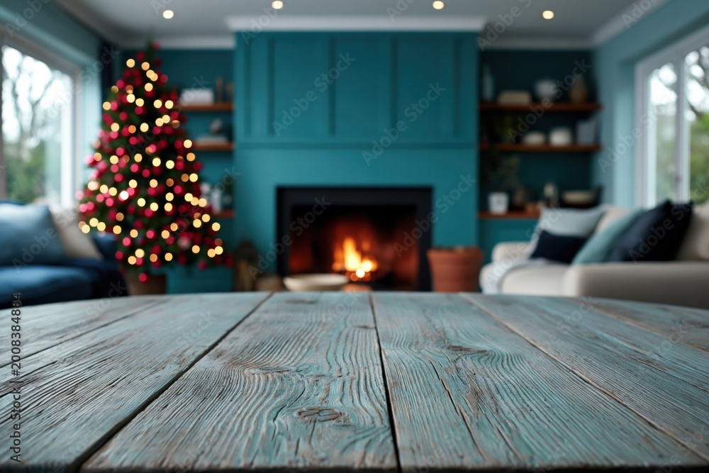Fototapeta premium Wooden table in front of fireplace with christmas tree and cozy seating