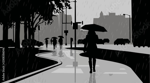 Rainy City Street Woman Umbrella