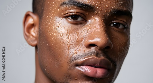 Close-up Portrait of Man with Sweat Drops and Intense Expression