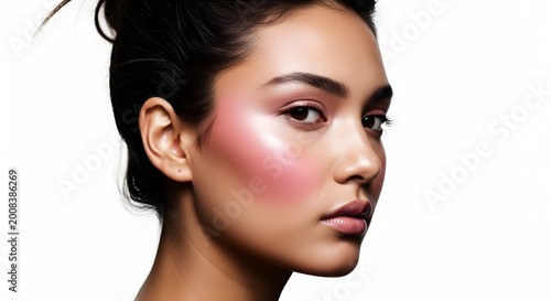 Close-up portrait of woman with glowing skin and blush