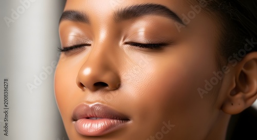 Closeup portrait of young woman with closed eyes beauty