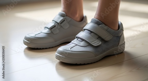 Close-up view of casual sneaker shoes on wooden floor