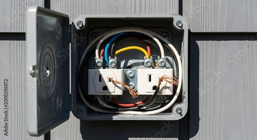 Close-up view of electrical outlet wiring on exterior wall