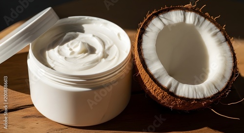 Coconut cream cosmetic product beside fresh half coconut slice