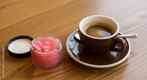 Coffee and pink bath salts on rustic wooden surface