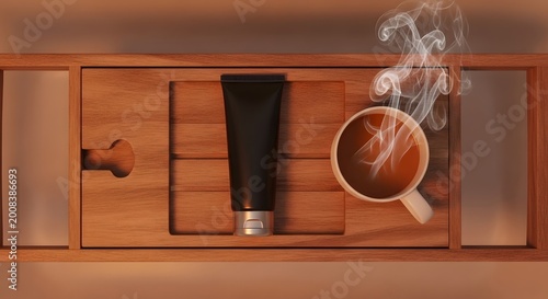 Coffee cup and bottle on wooden shelf mockup display