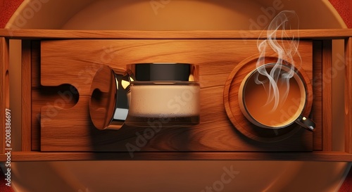 Coffee cup and cosmetic jar on wooden tray background
