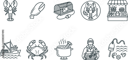 Lobster and seafood industry outline icon set featuring crab fishing boat market stall chef cooking for restaurant grocery marine tourism minimal UI vector design collection.