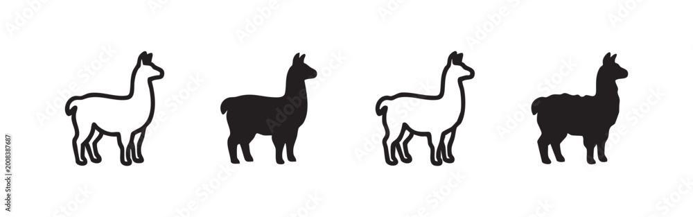 Fototapeta premium Set of four llama icons, two outlined and two solid.